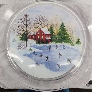 Scenic Glass Christmas Serving Platter Ice Skaters‎ Red House Snow 13"
